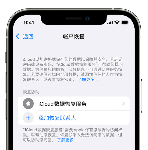 峡江苹果手机维修分享在 iPhone 上设置帐户恢复联系人的方法 